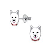 Joy|S - Zilveren hond oorbellen - wit met rode halsband