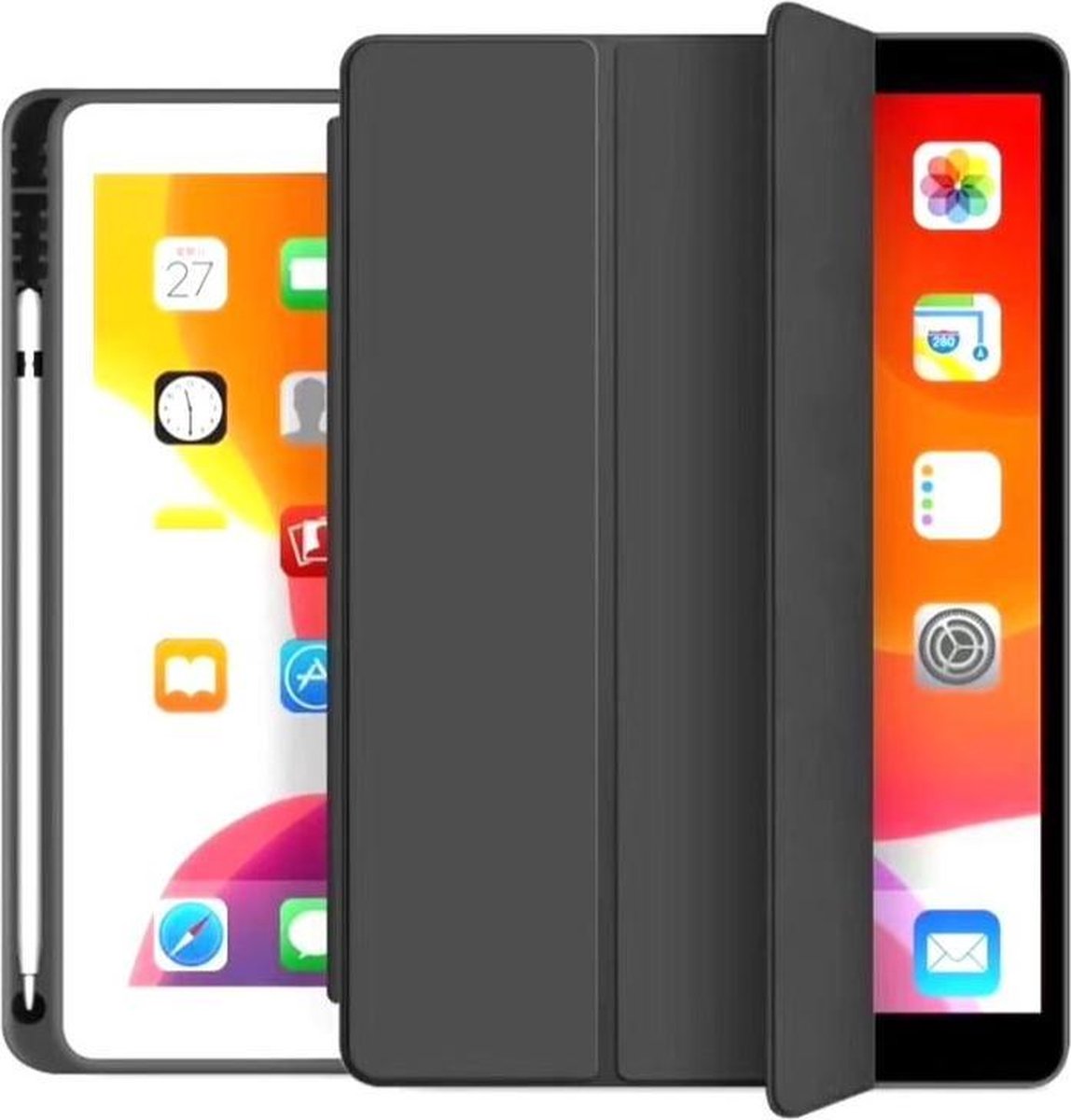Apple iPad 9.7 6/7/8/9 Zwart Auto Wake/Sleep functie Trifold Bookcase Tablethoes | iPad 9.7 6/7/8/9 kunstleer hoesje cover met Pencil houder