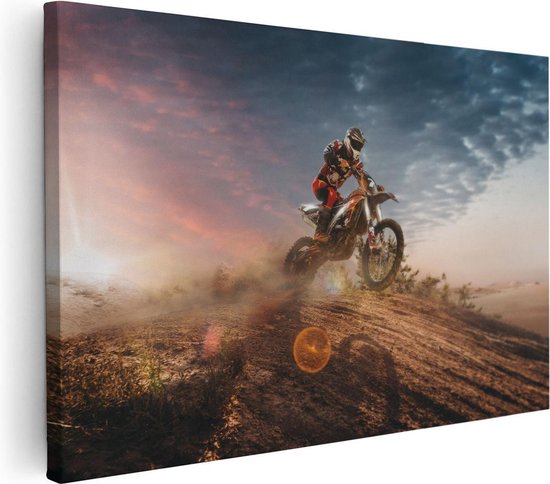 Artaza Canvas Schilderij Motorcross Op Een Heuvel Bij Zonsondergang - 120x80 - Groot - Foto Op Canvas - Wanddecoratie Woonkamer