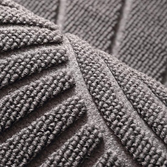 Extreme close-up van de textuur van een grijze deurmat, met een duidelijk zichtbaar geweven patroon van vezels in reliëf.