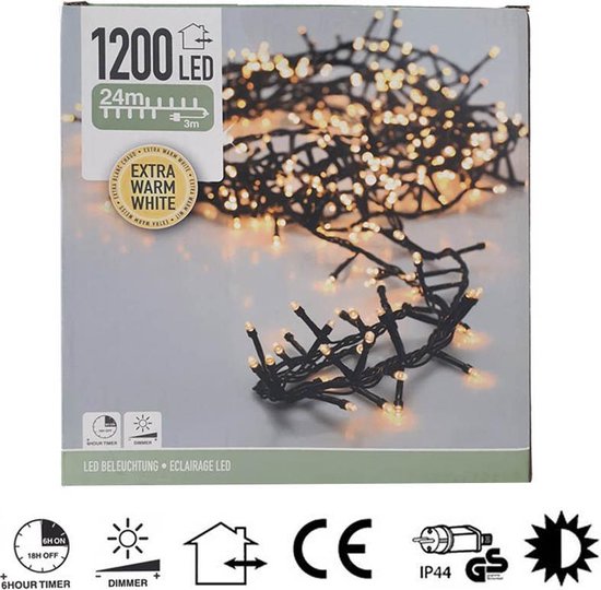 Kerstlampjes MicroCluster - 1200 LED - 24m - Extra Wam Wit - Met timer en dimmer
