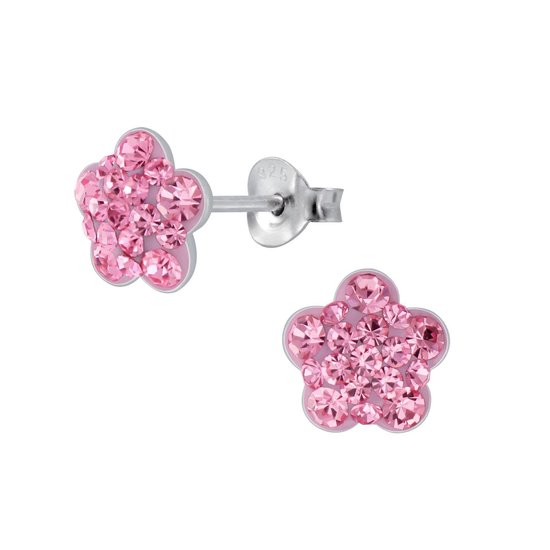 Joy|S - Zilveren bloem oorbellen 8 mm kristal roze
