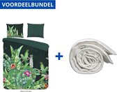 Luxe Zachte Dekbedovertrek Tweepersoons - 200x200/220cm - Inclusief 2 Kussenslopen - 100% Versterkt Katoen - Cato Groen + Wasbaar Microfiber Dekbed - 200x200cm - Wit