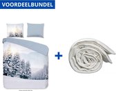 Luxe Dekbedovertrek Tweepersoons - 200x200/220cm - Inclusief 2 Kussenslopen - 100% Zacht Microvezel - Winter View Blauw + Wasbaar Microfiber Dekbed - 200x200cm - Wit