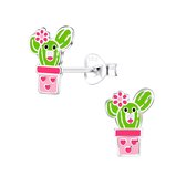 Joy|S - Zilveren cactus oorbellen met hartjes en bloem