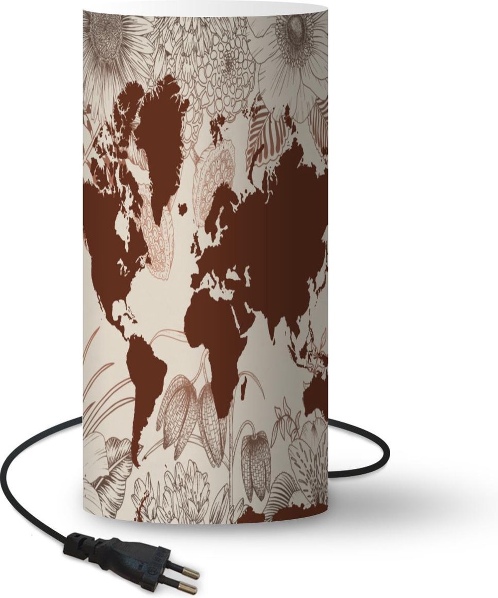 Lamp - Nachtlampje - Tafellamp slaapkamer - Wereldkaart - Bloemen - Rood - 33 cm hoog - Ø15.9 cm - Inclusief LED lamp
