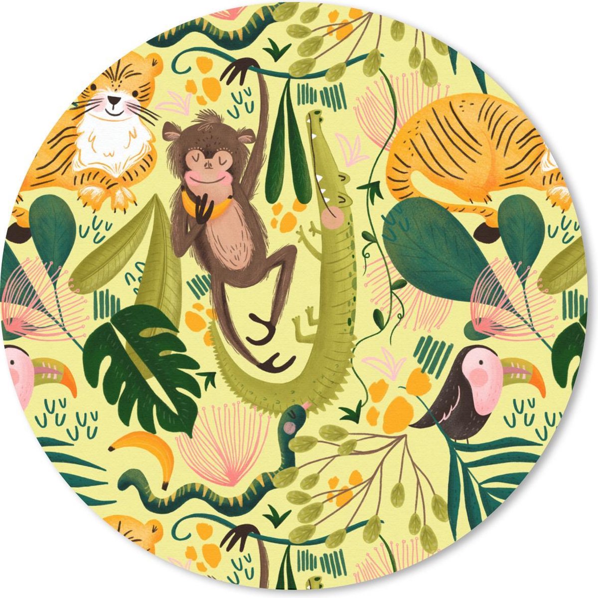 Muismat rond 40x40 cm - Mousepad Jungle - Aap - Krokodil - Geel - Ronde muismatten