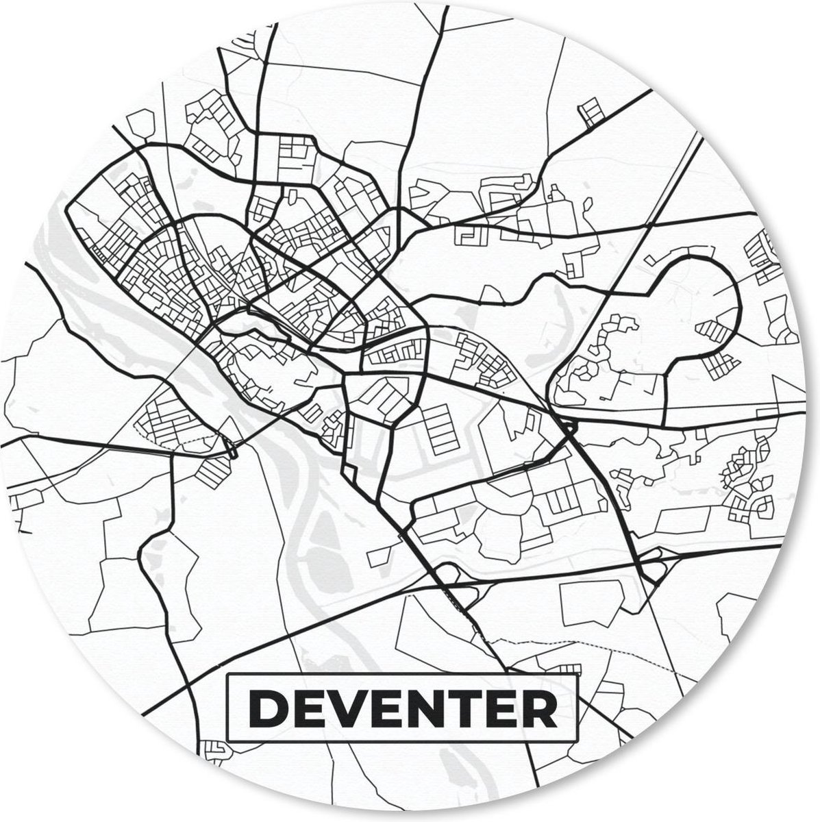 Muismat rond 50x50 cm - Mousepad Kaart - Deventer - Zwart - Wit - Ronde muismatten