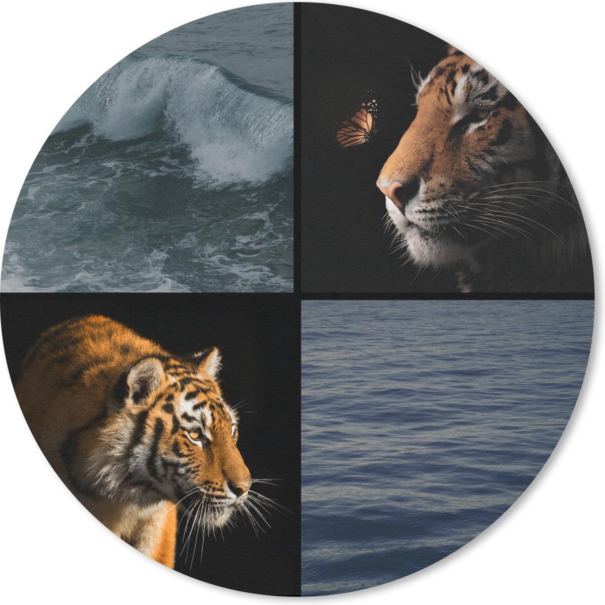 Muismat rond 40x40 cm - Mousepad Collage - Tijger - Vlinder - Zee - Ronde muismatten