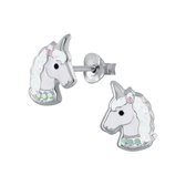Joy|S - Zilveren eenhoorn oorbellen - unicorn oorknoppen - wit