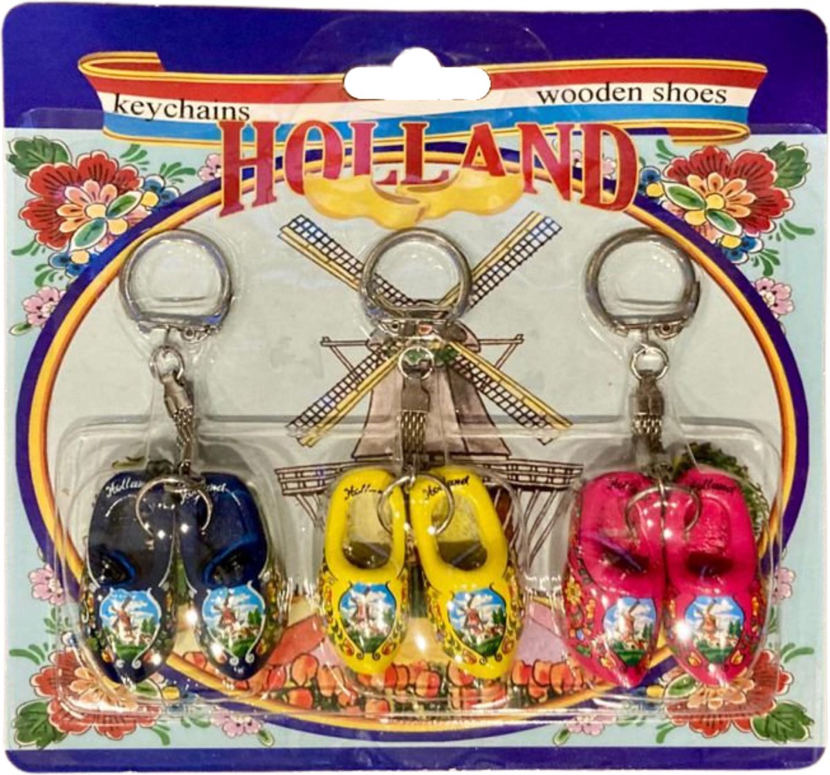 Sleutelhanger - Klomp Dubbel 4 Cm In Blister Holland - 3 Stuks - Souvenir - Gekleurd