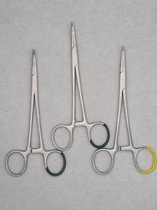 Belux Surgical /  Set van 3 Mosquito arterieklem anatomisch gebogen 15 cm RVS / Kleurcodering