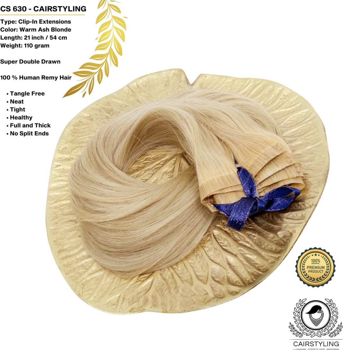 CAIRSTYLING Premium 100% Human Hair - CS630 INVISIBLE CLIP-IN - Super Double Remy Human Hair Extensions | 110 Gram | 54 CM (21 inch) | Haarverlenging | Best Quality Hair Long-term Use | 2022 Trending Invisible Laces | Cool Golden Blonde