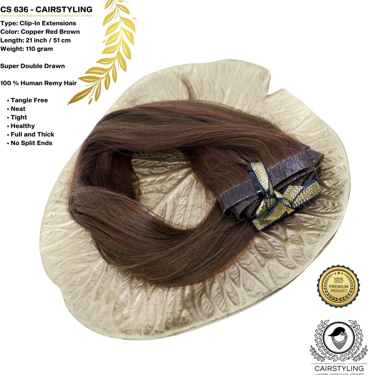CAIRSTYLING Premium 100% Human Hair - CS636 INVISIBLE CLIP-IN - Super Double Remy Human Hair Extensions | 110 Gram | 51 CM (21 inch) | Haarverlenging | Best Quality Hair Long-term Use | 2022 Trending Seamless Invisible Laces | Copper Red Piano