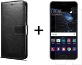 Huawei P10 hoesje bookcase met pasjeshouder zwart wallet portemonnee book case cover - 1x Huawei P10 screenprotector