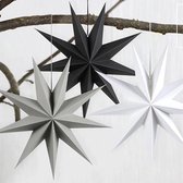 Set van 3 trendy papieren Kerststerren - Wit - Grijs - Zwart - 30cm - 9 puntig - incl. ophang koort