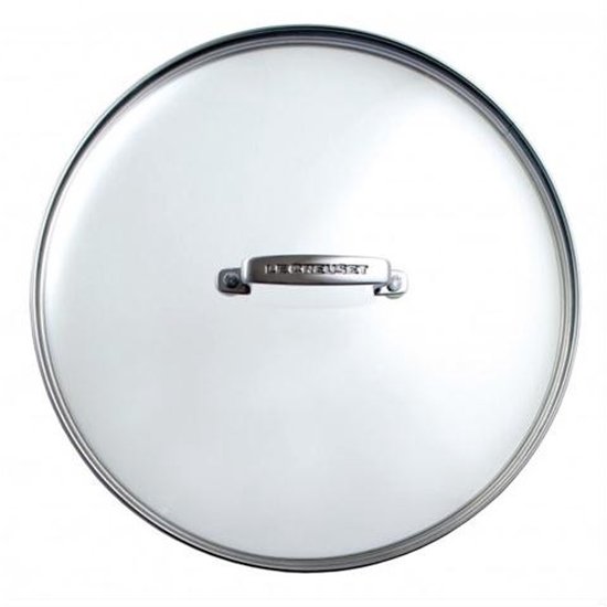 Een glazen Le Creuset deksel met metalen handvat.