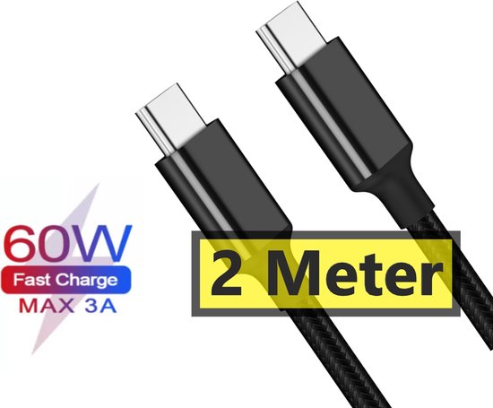 Phreeze USB C naar USB C Oplaadkabel - 2M - 60W Snelladen - 3A - Gevlochten Nylon - Geschikt voor Laptop en Telefoon