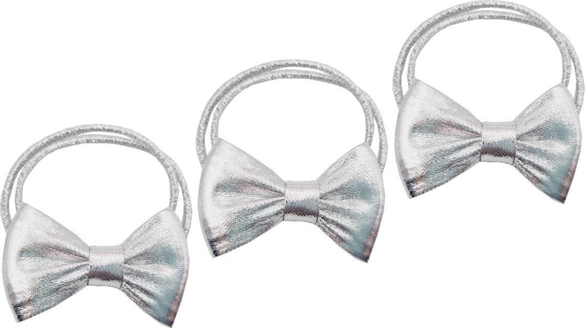 Haarsoires Haarelastieken – Strik 5cm – Glans Stof - Zilver - Set van 3