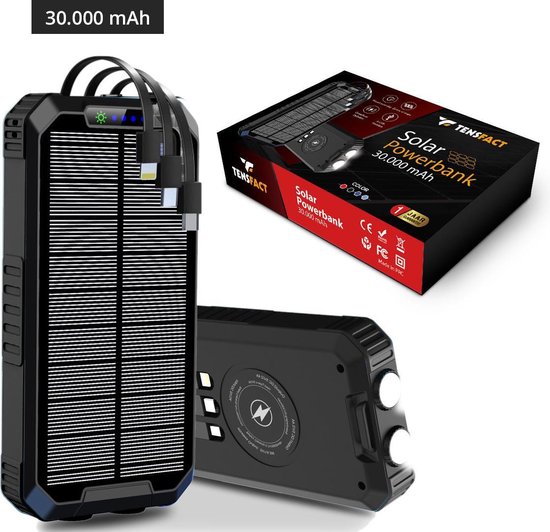 Solar Powerbank 30000 mAh voor Iphone en Samsung Wireless Charger - met USB C Micro USB en Lightning - Zwart - Tensfact®