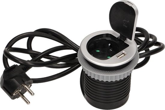 metaal vergroting Dader Inbouw bureau stopcontact met deksel en USB lader - Zilver | bol.com