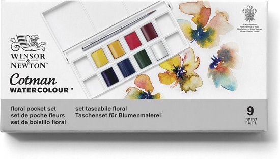 Winsor & Newton 0390671 Cotman Aquarelverf Set – Floral Pocket Set – 8 Kleuren Waterverf – Compact Aquarelset met Penseel