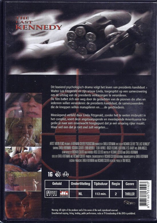 DVD-hoes met de titel 'The Last Kennedy' en een close-up van een persoon met een pistool in het midden.
