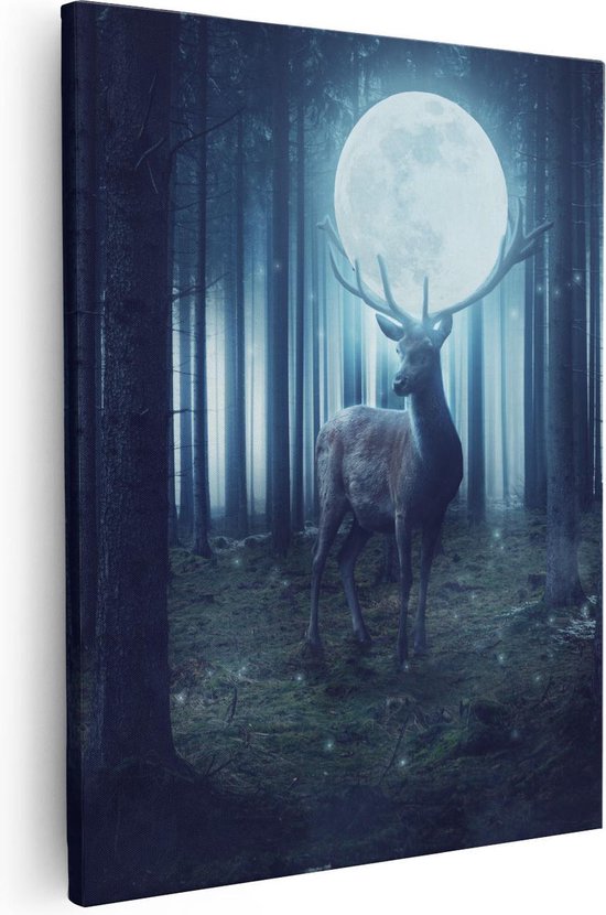 Artaza - Canvas Schilderij - Hert In Het Bos Tijdens Volle Maan - Foto Op Canvas - Canvas Print