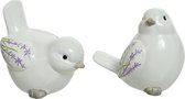 Set van 2x stuks decoratie dieren beeldjes vogels wit met lavendel bloemen 9 cm
