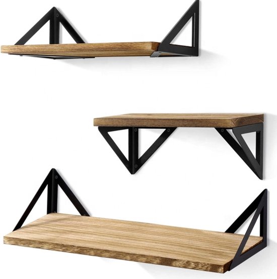 Zwevende Wandplank Set – 3 stuks – Boekenplank Industrieel – Fotoplank - Hout/Metaal – Zwart/Bruin - Lengte: 28/36/43 cm