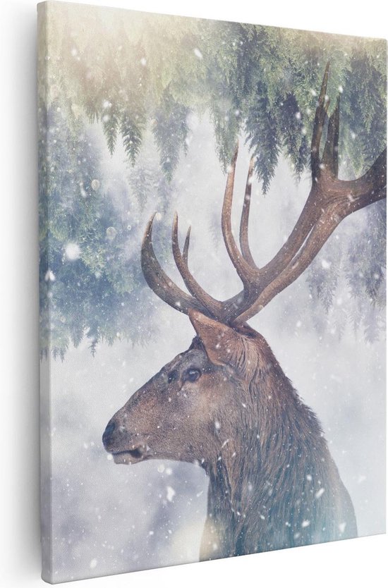 Artaza Canvas Schilderij Hertenkop - Hert Op Een Bomen Achtergrond - 80x100 - Groot - Foto Op Canvas - Canvas Print