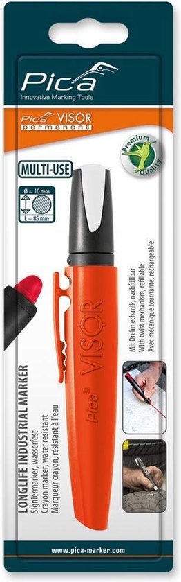 Oranje Pica Visor industriële permanente marker met grijze clip en dop. 'Multi-use' met beelden van gebruik.