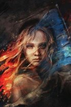 Schilderij van een vrouw met vlammend haar in vuur en blauwe stof.