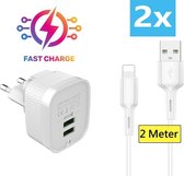 Gecertificeerde USB Lader Stekker Oplader + 2x Oplaadkabel Apple iPhone 12 /11 / X / iPhone 8 / iPhone SE /iPhone 7/ iPad Pro 10.5 / 9.7 / iPad 2017 - 2 Meter