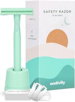 ecotivity® Safety Razor Scheermesjes voor Vrouwen met 10 Double Edge Scheermesjes - Dubbelzijdig Klassiek Scheermes met Houder - Mint Groen