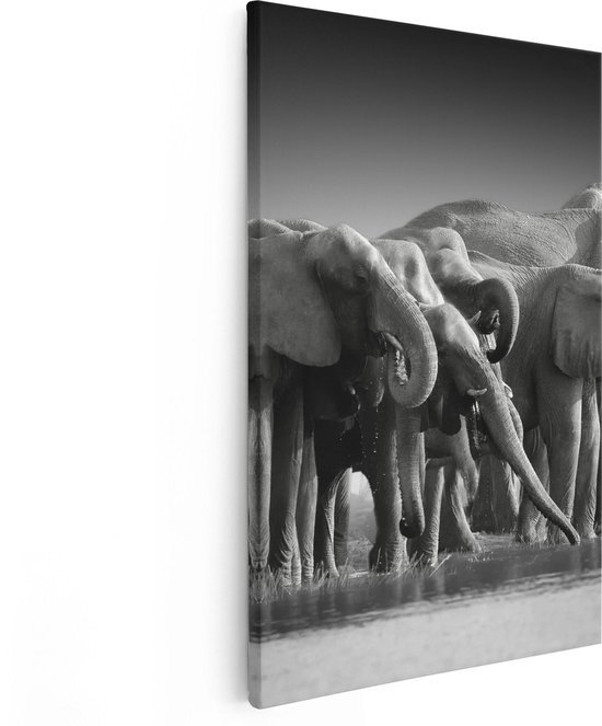 Artaza Peinture Sur Toile Groupe D'éléphants Au Bord De L' Water - Zwart Wit - 80x120 - Groot - Photo Sur Toile - Impression Sur Toile