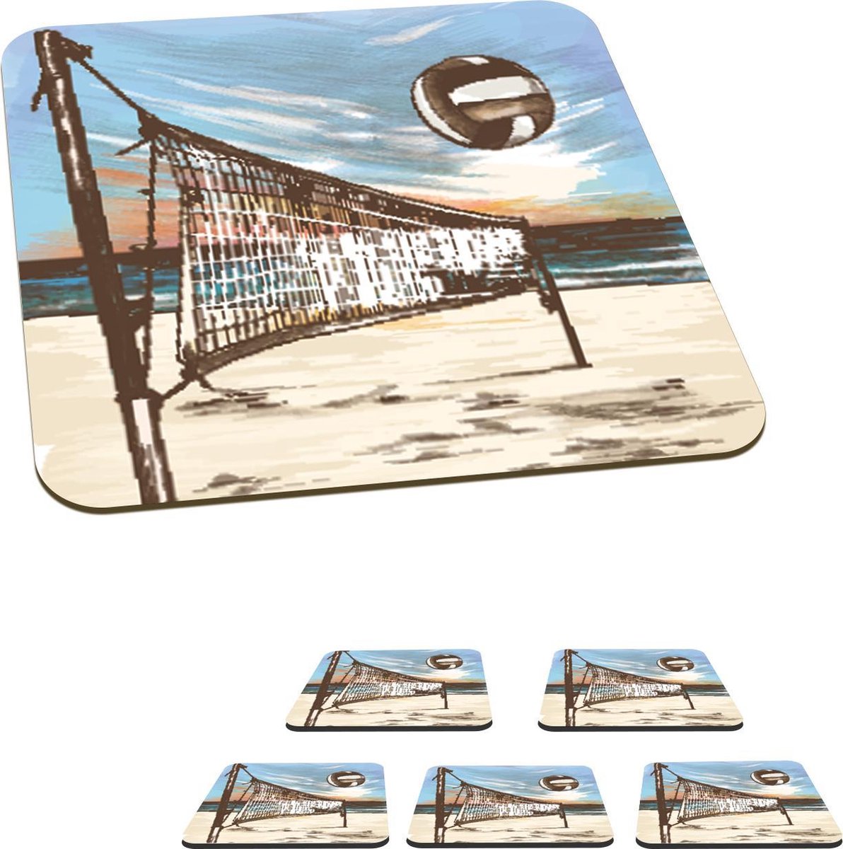Onderzetters voor glazen - Strand - Volleybal - Net - 10x10 cm - Glasonderzetters - 6 stuks