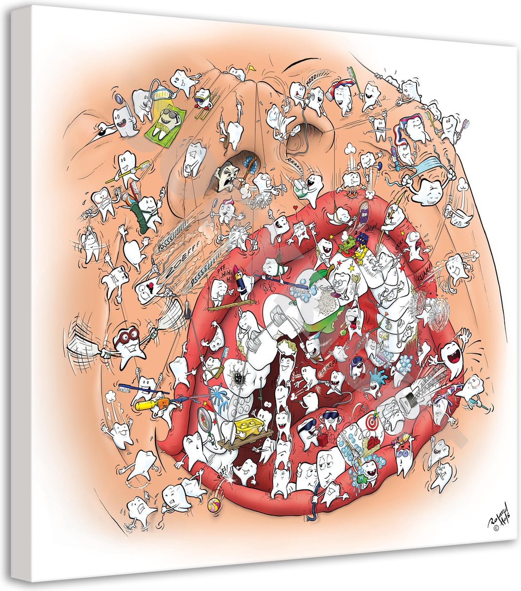 Tandarts Cartoon op canvas - Roland Hols - Gebitszorg - 60 x 60 cm - Houten frame 4 cm dik - Orthodontist - Mondhygiënist