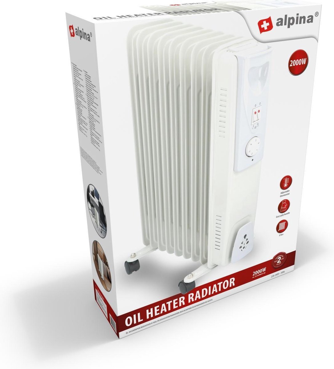 alpina Olieradiator 2000W – Elektrische Radiator met Instelbare Thermostaat – Oliegevulde Radiator met Koord Opbergruimte, Instelbare Temperatuur en Oververhittingsbeveiliging – foto 4