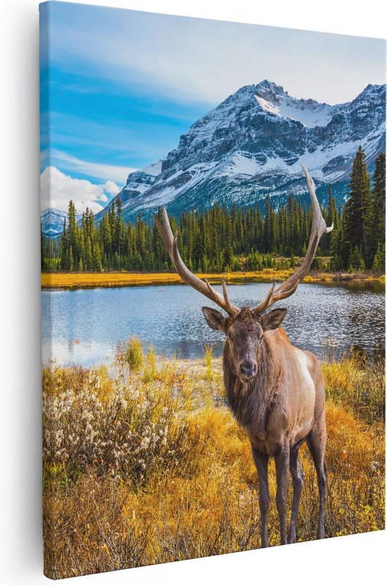 Artaza - Peinture sur toile - Cerf dans les Montagnes au bord d'un lac - 40 x 50 - Photo sur toile - Impression sur toile