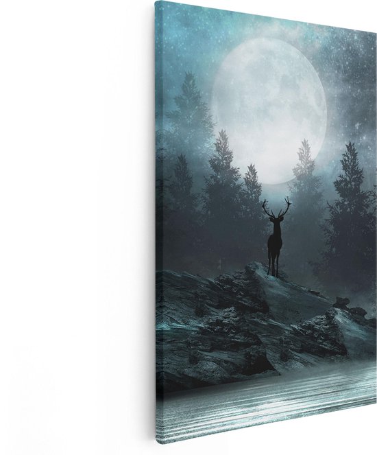 Artaza Peinture sur toile Cerf sur un rocher pendant la pleine lune - 40x60 - Image sur toile - Impression sur toile