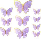 Cake topper - Decoratie - Vlinders met prikkers - Taartversiering - 12 stuks - Goud/Paars