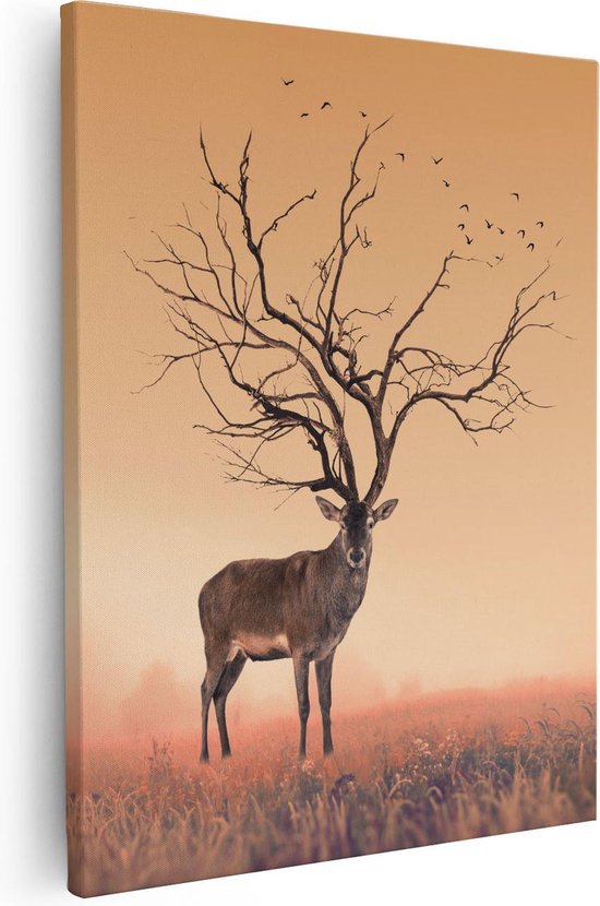 Artaza Canvas Schilderij Hert Met Een Bomen Gewei - 40x50 - Foto Op Canvas - Canvas Print
