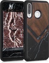 kwmobile telefoonhoesje compatibel met Huawei P30 Lite - Hoesje met bumper in zwart / wit / donkerbruin - walnoothout - Hout Glory Marmer design