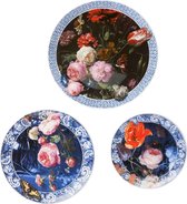 Heinen Delfts Blauw | Wandborden Bloemen gouden eeuw - set - 3 stuks