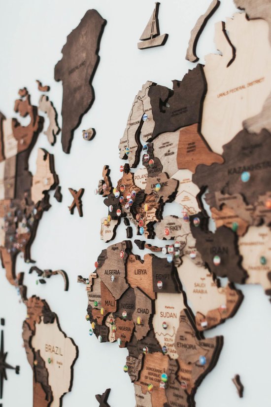 Carte du monde en bois 3D - Multicolore - XXL (300 x 170 cm)