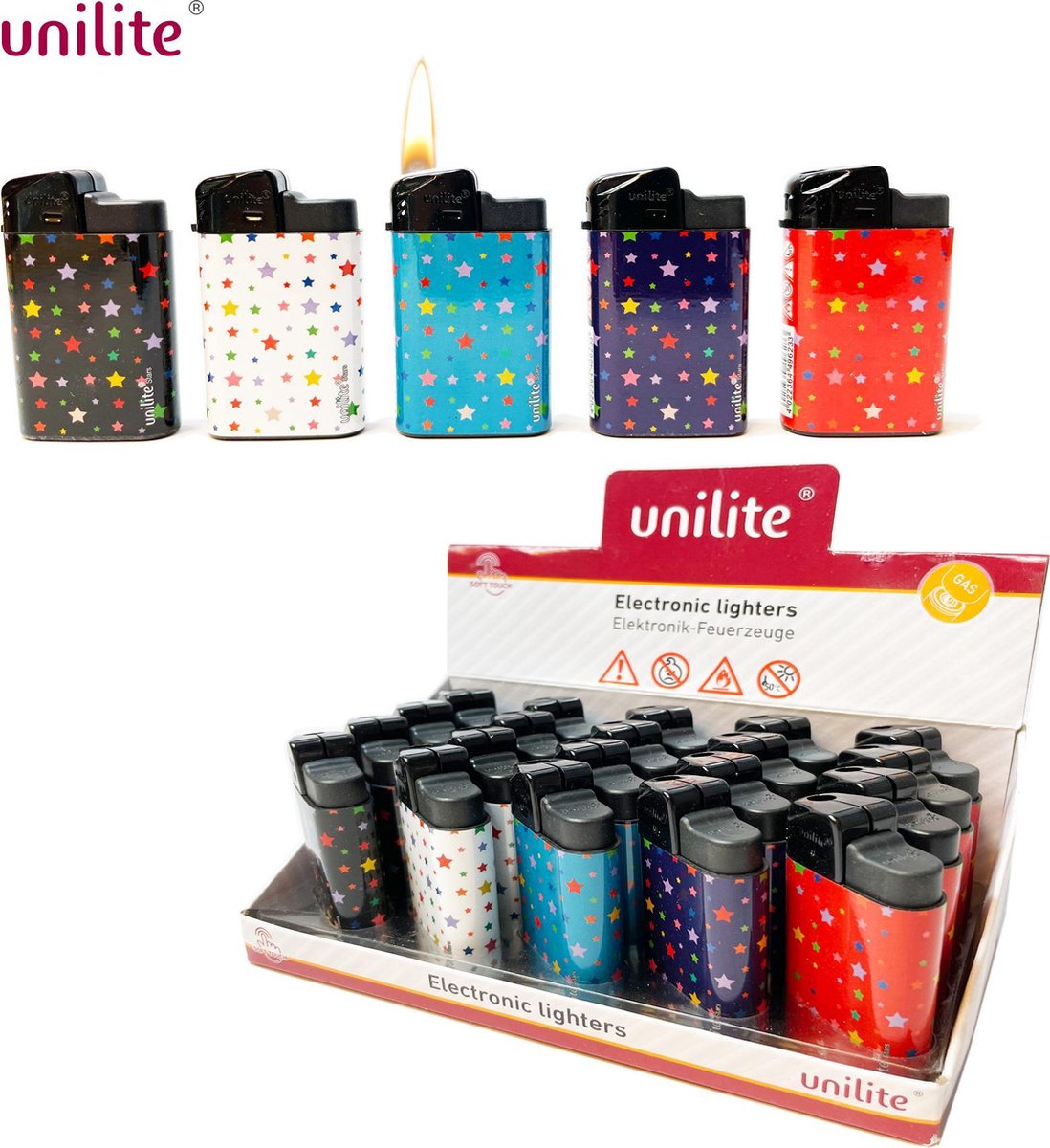 Goedkoopste Unilite klik aanstekers - navulbaar - 20 stuks in een display - Stars print