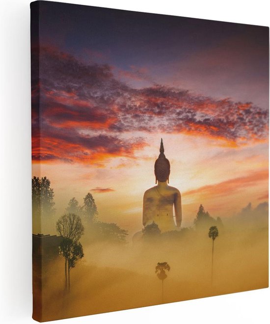 Artaza Canvas Schilderij Boeddha Beeld In De Mist - 90x90 - Groot - Foto Op Canvas - Canvas Print