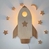 Wandlamp raket met sterrenpakket, houten lamp voor aan de muur van massieve houtsoorten