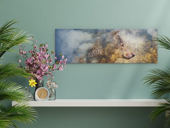 Artaza - Peinture sur toile - Tête de loup sur une forêt d'automne - Loup - Abstrait - 60x20 - Photo sur toile - Impression sur toile